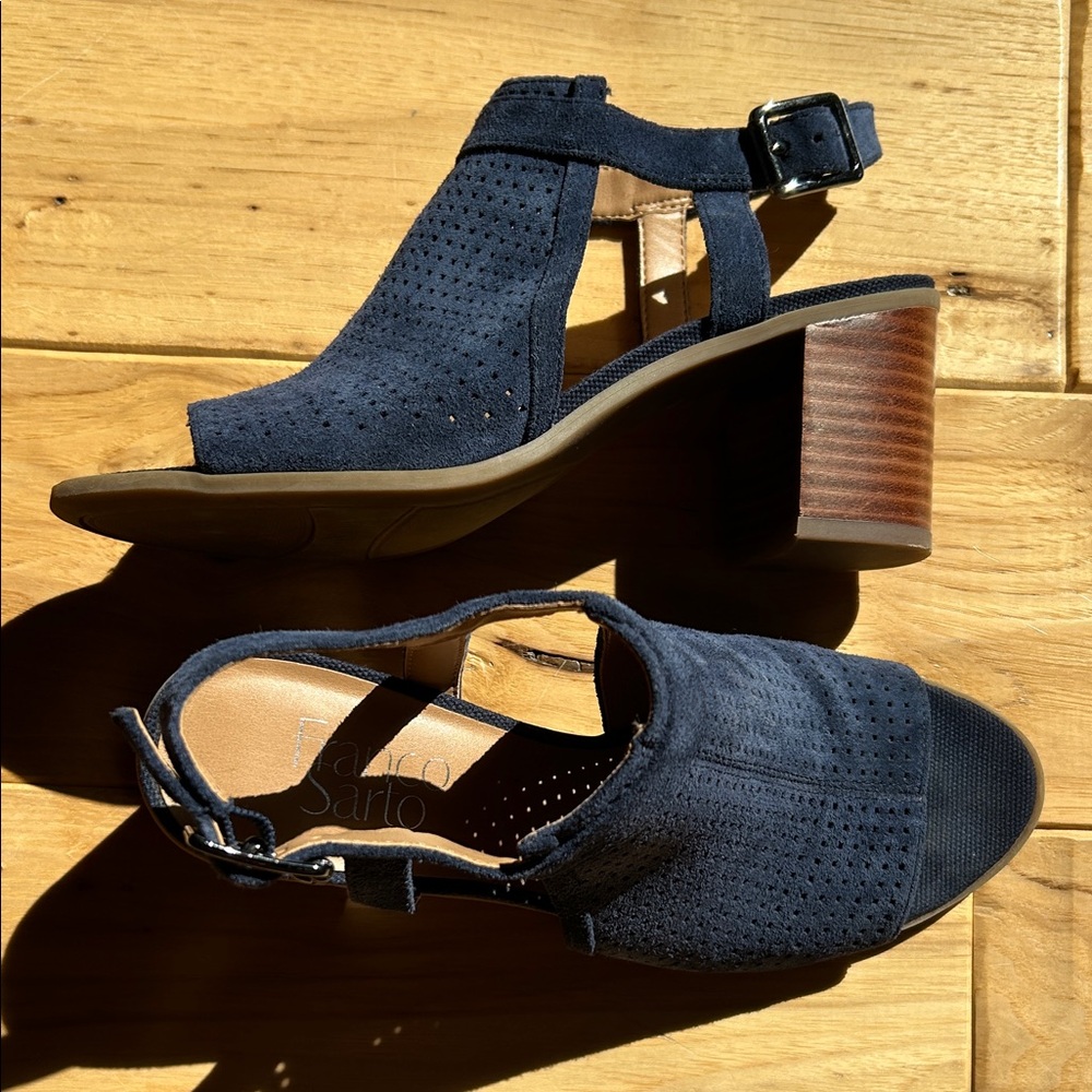 Franco Sarto Navy Perforated Suede Block Heel Sandals